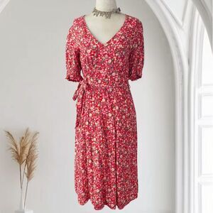 Luxology Red White Flower Sweetheart Preppy Coquette Floral Midi Dress S